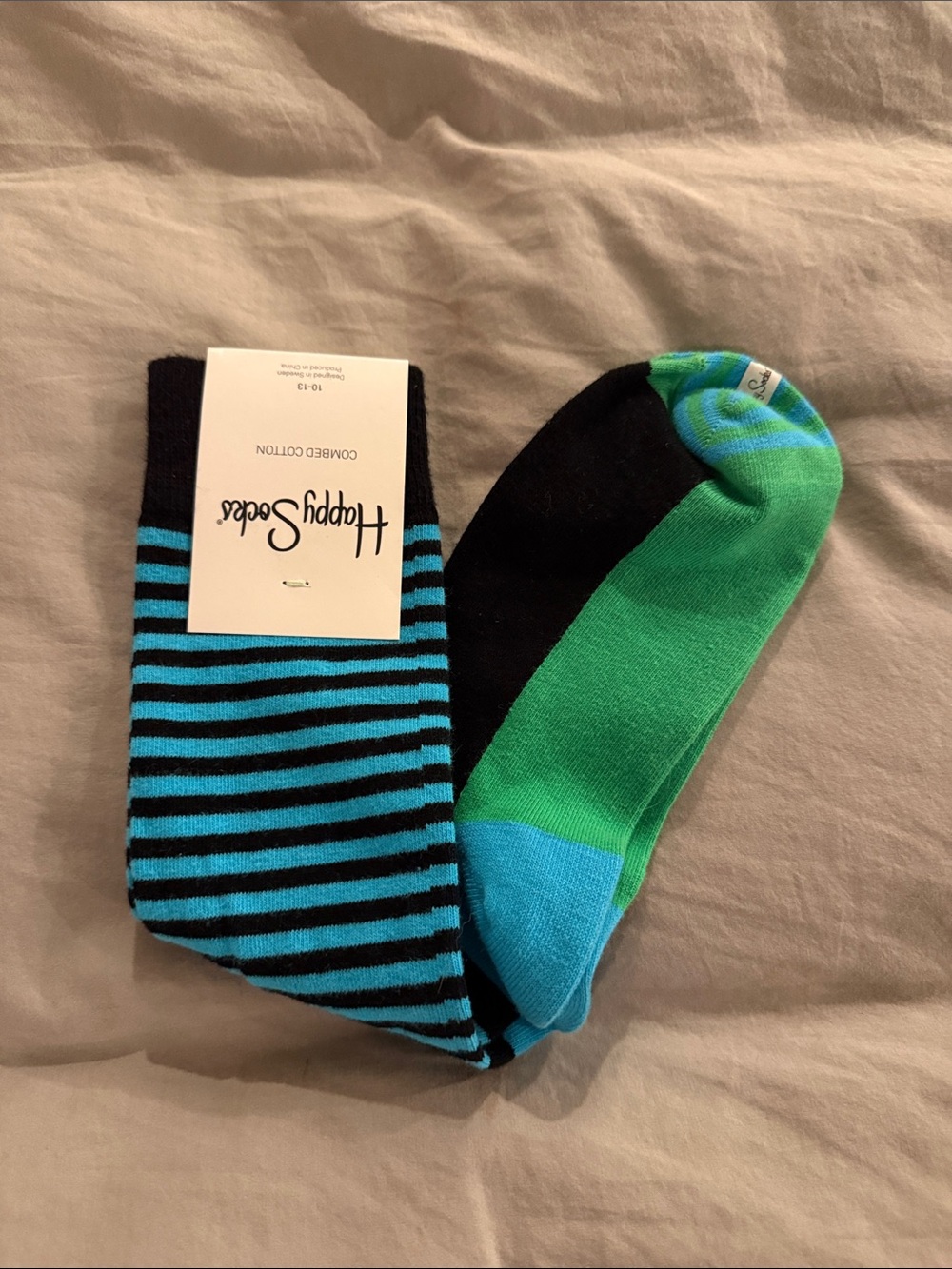 Happy Socks Men's Black, Blue & Green Striped Crew Socks